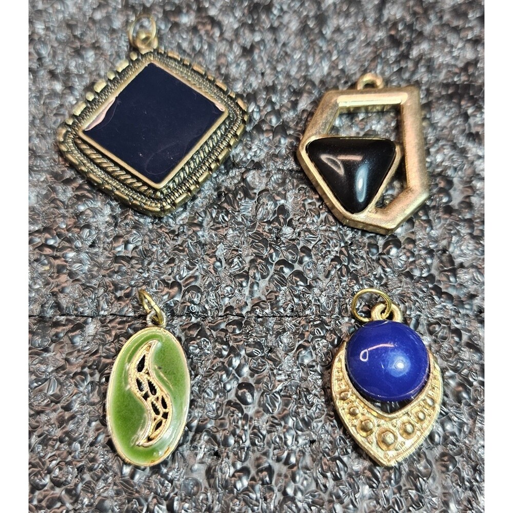 Set of 4 Vintage Enamel on Gold Tone Metal Pendants